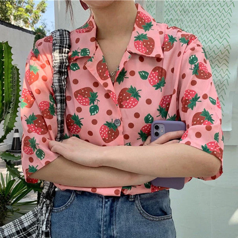 

Plus Size Strawberry Blusas Mujer Women Blusen Hawii Teenage Girls Oversize Shirts Female Chemise Femme Cardigan Gilet Chemise