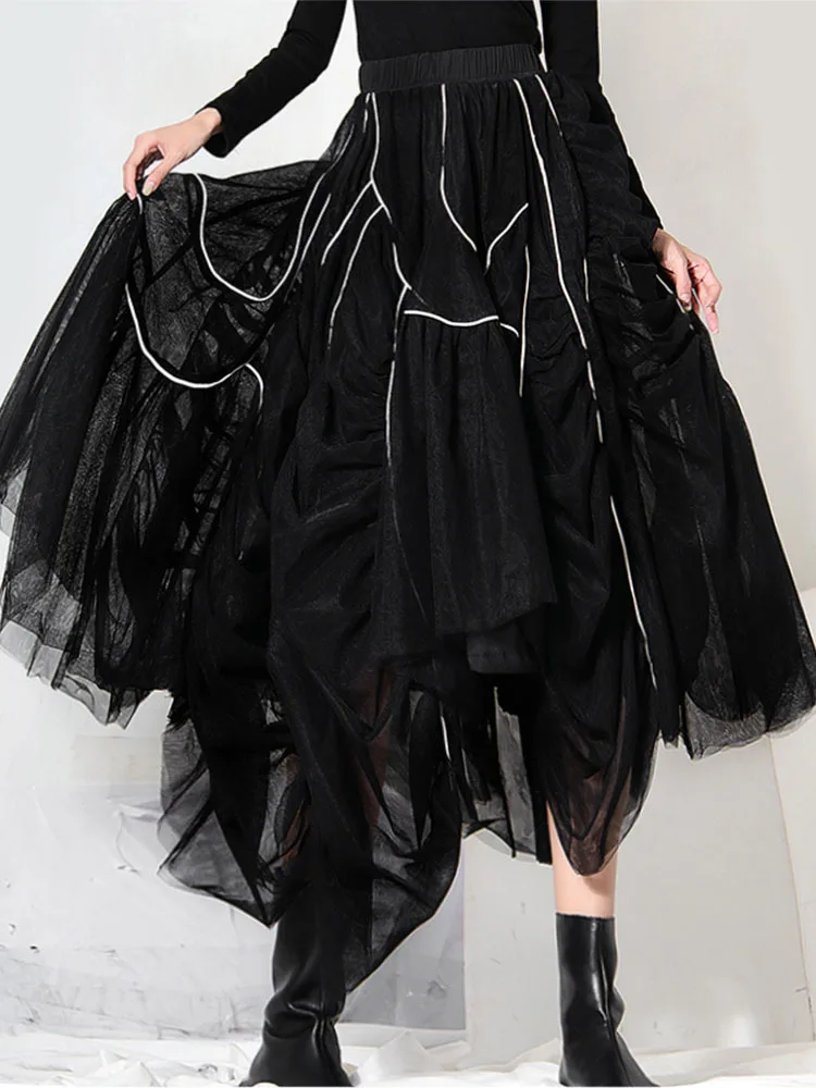 

Женская сетчатая юбка в полоску, черно-белая плиссированная юбка стрейч с прострочкой, модель 2W451 на весну, 2022