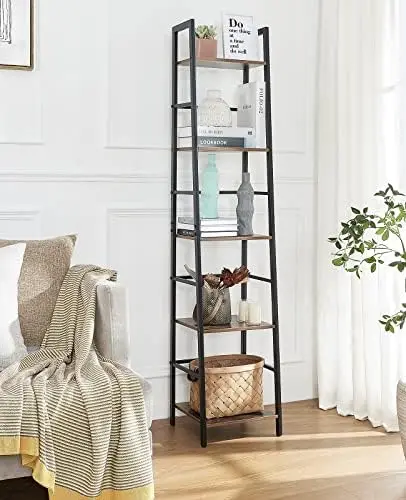 5-Tier Narrow Ladder Shelf Bookcase with Metal Frame, Freestanding Corner  Shelves for Small Spaces Display Storage Organizer Ta
