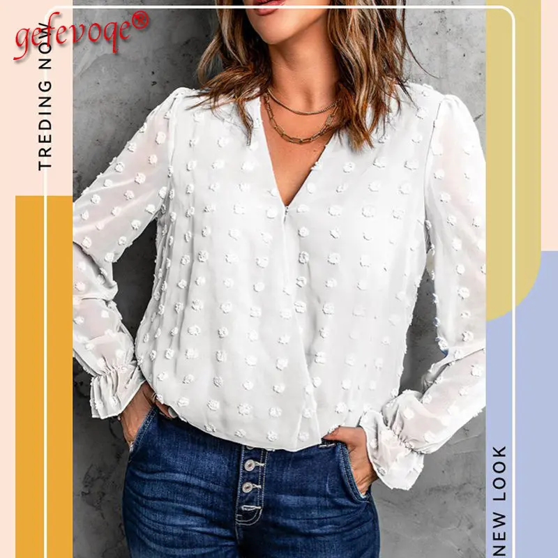 

2022New Spring Summer Women V Neck Long Sleeve Top Fashion Chic Jacquard Blouse Female Sexy Polka Dot Solid Loose Blouses Shirts