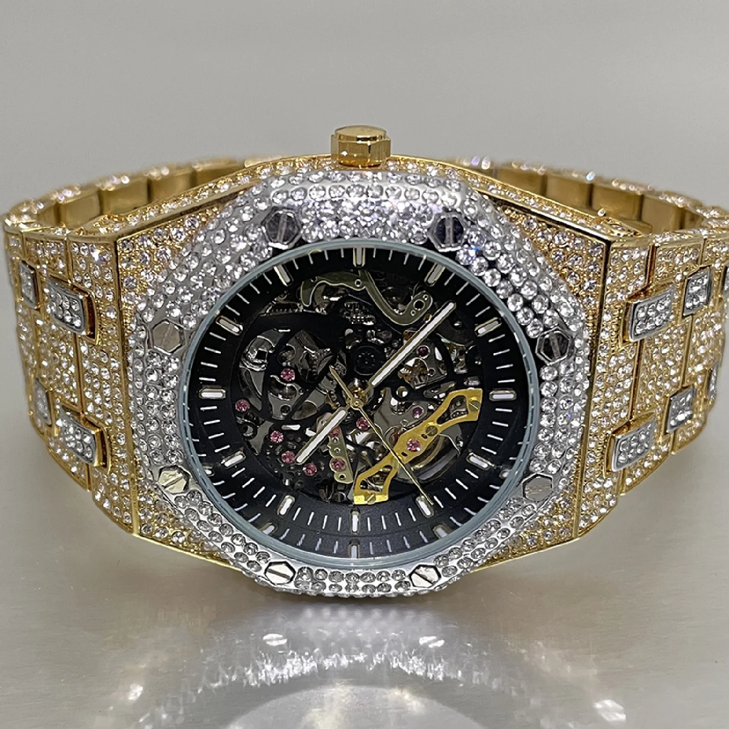 

Fashion Brand Hot Automatic Machinery Mens Watch luxury 18k Gold Moissanite Wristwatches Hollow Out Full Steel AAA Clock Relogo
