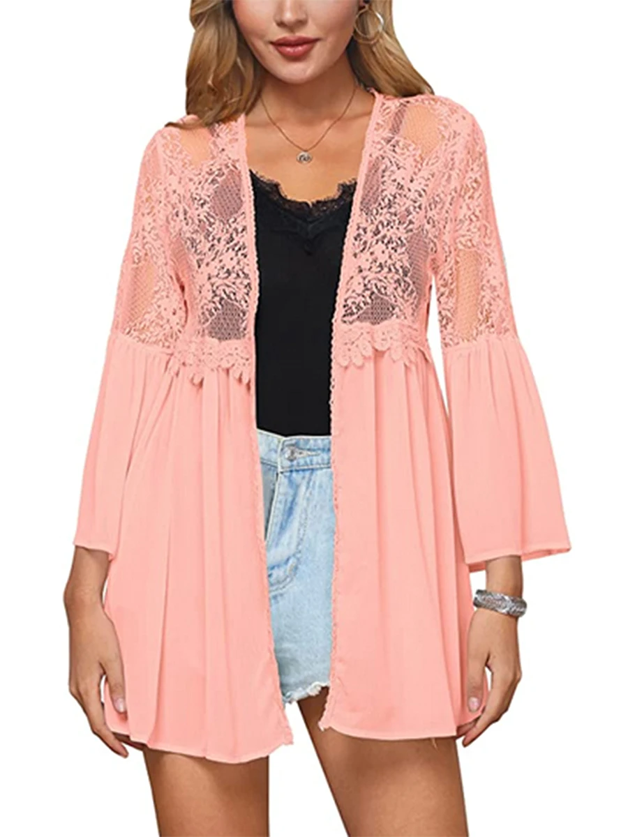 

Women s Floral Print Puff Sleeve Chiffon Loose Kimono Cardigan Casual Blouse Tops Cover Up