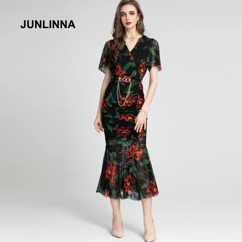 

JUNLINNA Lace Fashion Women Dress V Neck Short Sleeve Summer New Chain Elegant Printing Trumpet/Mermaid Vestidos