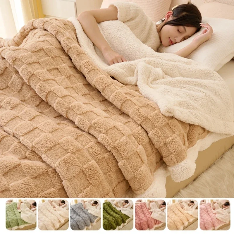 

Fluffy Fleece Plaid Blanket Winter Warm Blankets Anti-Pilling Double Sided Sofa Bed Cover Super Soft Thickened Bedspread Bedroom