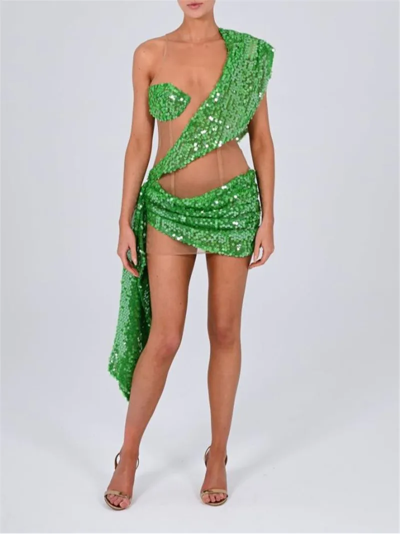 

Женское мини-платье с блестками, зеленое Сетчатое прозрачное сексуальное платье в стиле пэчворк, модное дизайнерское платье для ночного клуба, блестящие платья