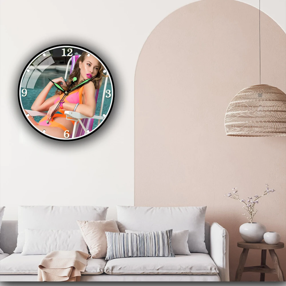 

Color Style Sexy Beauty Sitting On Beach Chair Acrylic Wall Clock Large Size For Home Decoration Duvar Saati For Living Room