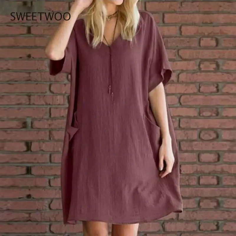 

Women Cotton Linen Dress Pocket V Neck Female Dresses Casual Plus Size 5Xl Women Clothes Lady Summer Dresses Good Quality Loose