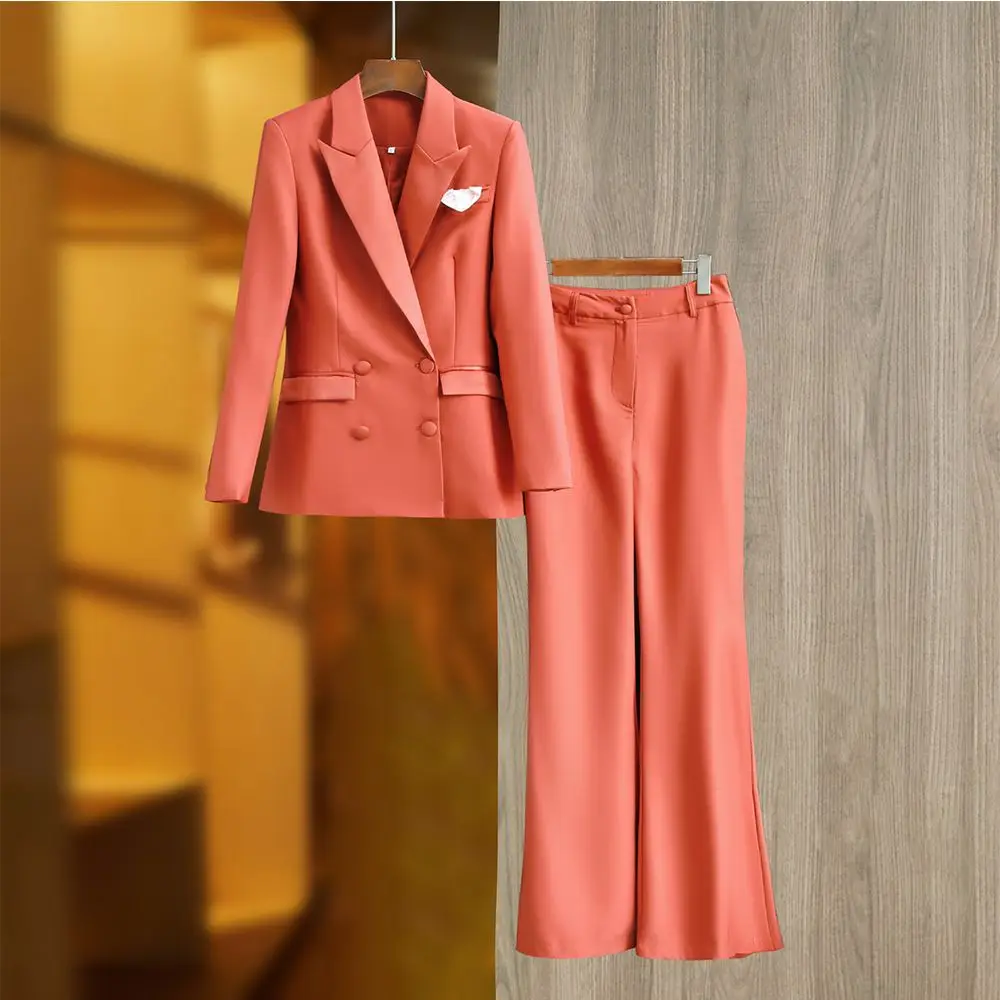 HIGH STREET Runway Women Suit Orange Peaked Lapel Luxury Double-Breasted Blazer Wide Leg Trousers  Office Lady Fashion 2 Piece