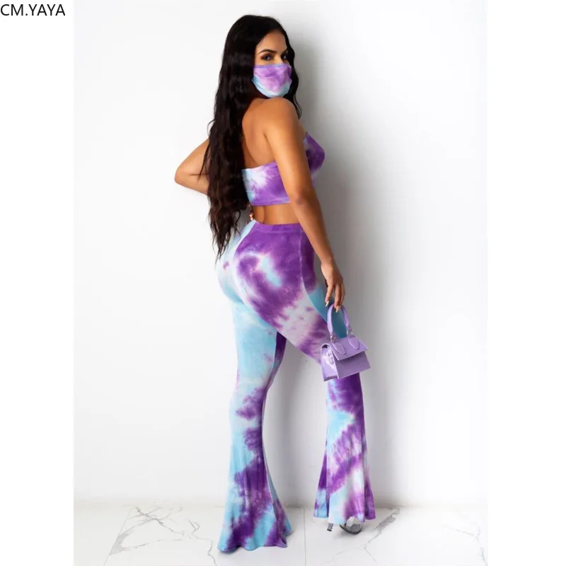 CM.YAYA Tie Dye Women Two Piece Set Strapless Crop Tops Wide Leg Flare Pants Suit Fashion Tracksuit Fitness Outfit Matching |