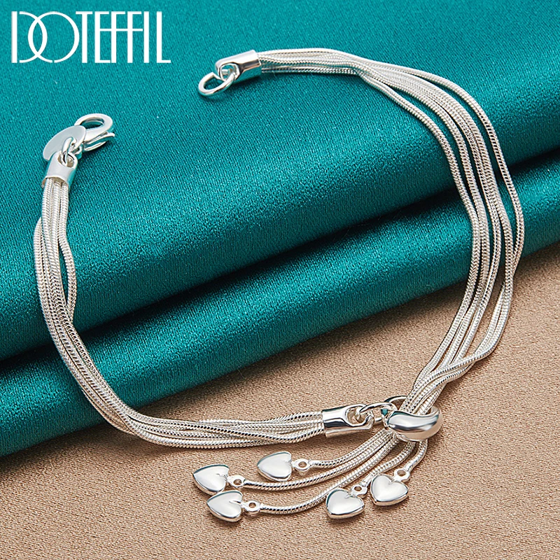 

DOTEFFIL 925 Sterling Silver Five Solid Love Heart Snake Chain Bracelet For Women Charm Wedding Engagement Fashion Party Jewelry