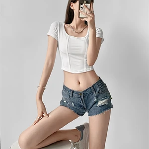 Women's Clothing Blue Shorts Jeans Ripped High Waist Vintage Baggy Casual Fashion Sexy Self Cultivat