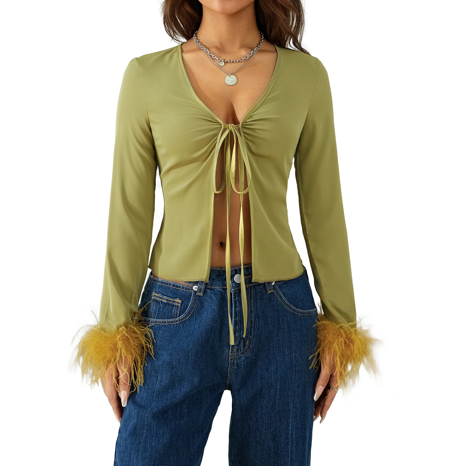 

Women Tops Long Sleeve V-neck Lacing Feather Slim Shirt Fit Autumn Tops for Club Party