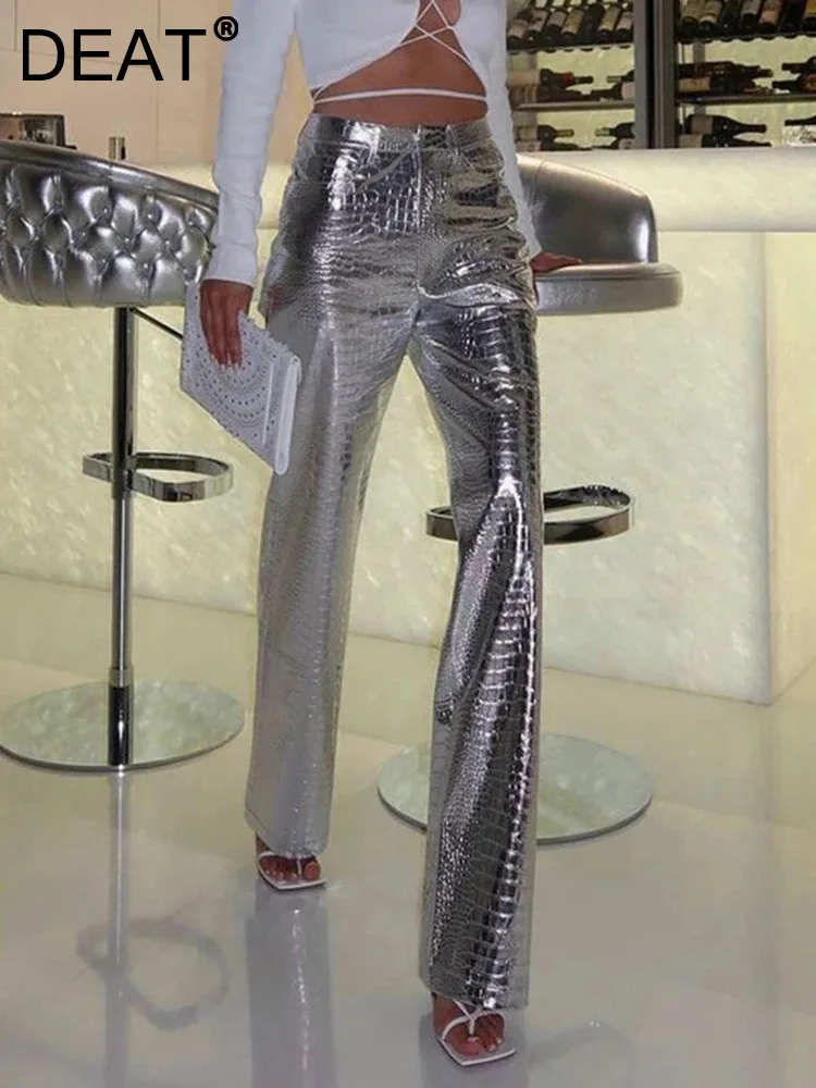 Женские прямые брюки на молнии DEAT серебристые хлопковые из искусственной кожи с