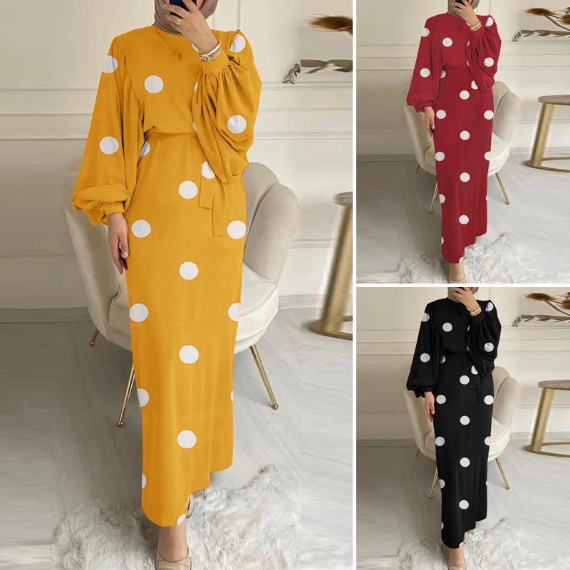 

Muslim Dress Casual Long-sleeved Robe Retro Printed Polka-dot Sundress Muslim Dress Women Abayas for Women Dubai Abaya Dress