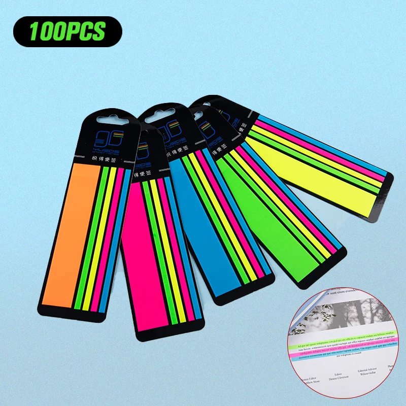 

100pcs Color Transparent Fluorescent Index Tabs Flags Sticky Note Stationery Wide And Narrow Combination
