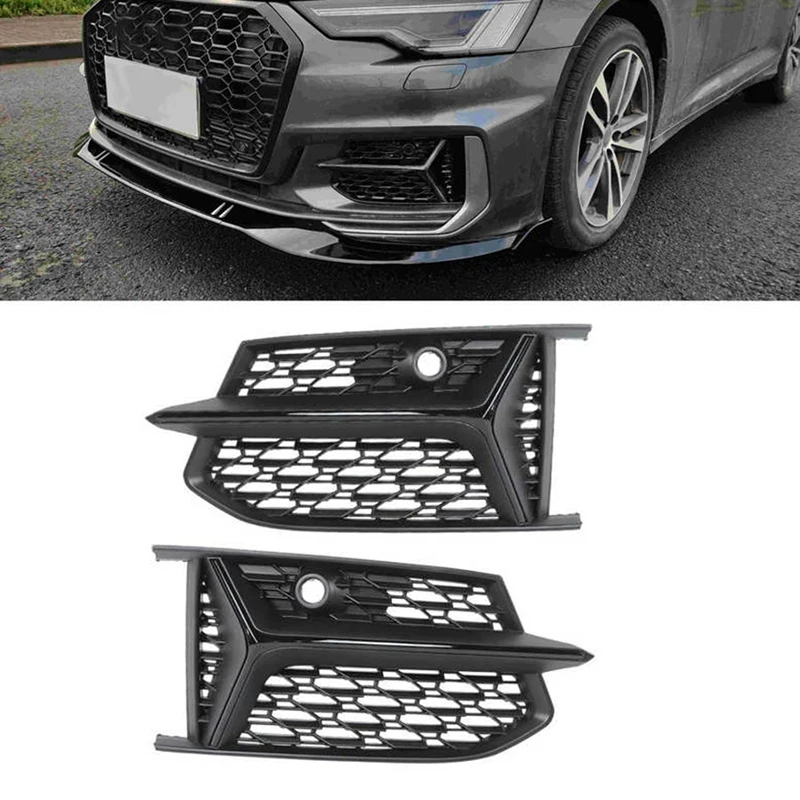 

2PCS Mesh RS6 Style Fog Light Grilles Grills Glossy Black Replacement Parts For A6 C8 S6 2019 2020