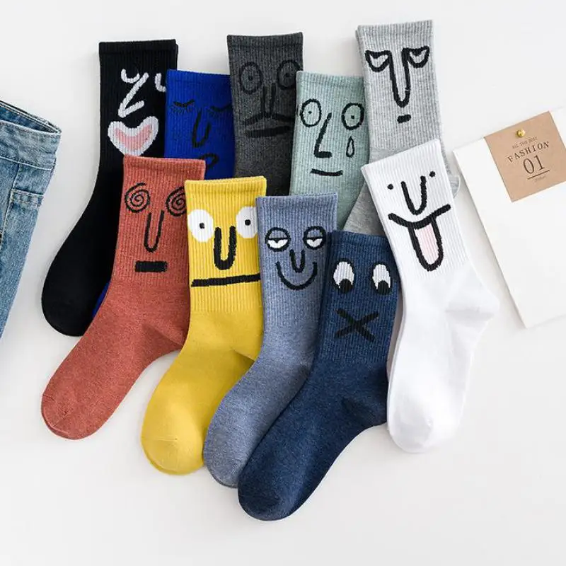 

Japanese Smiley Draw Women Socks Fashion Students Street Expression Crew Socks Trend Simple Clear Couple Socks Skateboard Hiphop