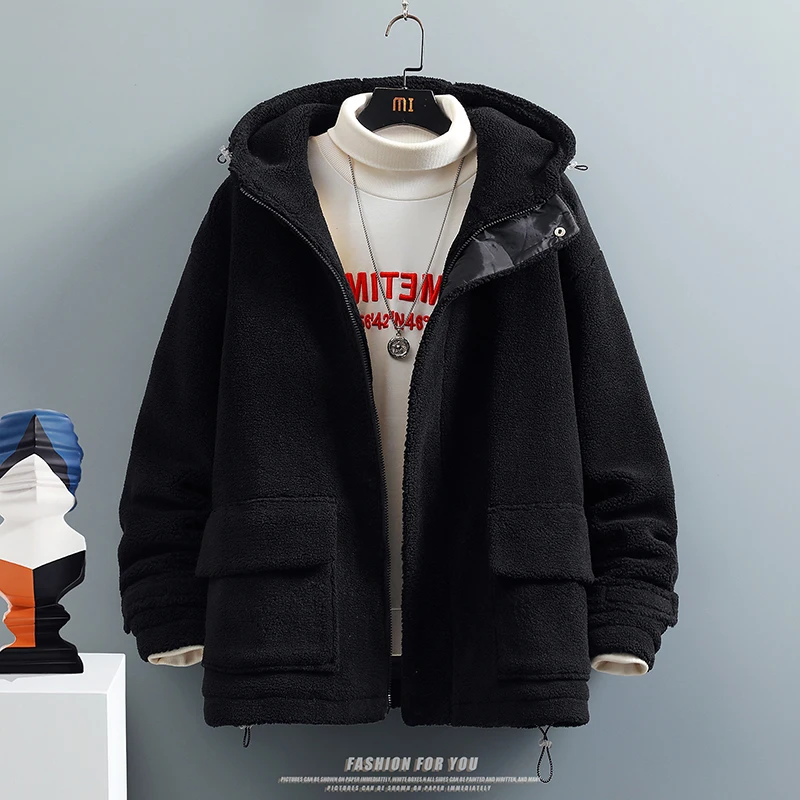 

Men Lambswool Winter Bomber Jacket Korean Windbreaker Couple Harajuku Warm Hooded Jacket Zip UP Big Pocket Coats Jackets for Men