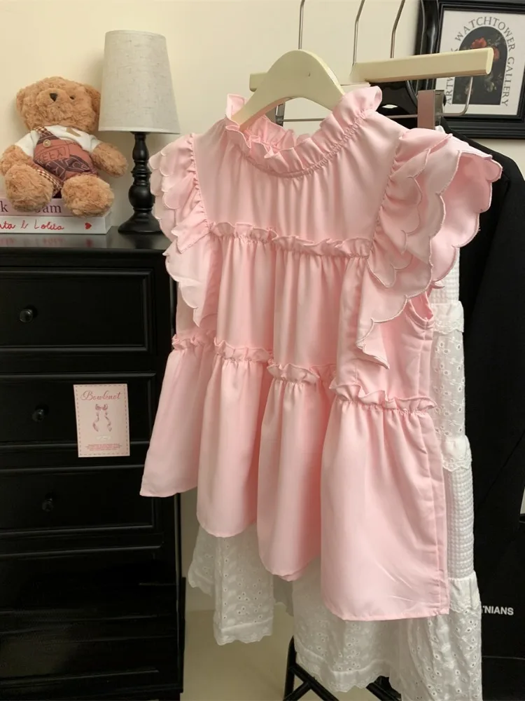 Женская блузка с оборками на воротнике милый укороченный топ в Корейском стиле