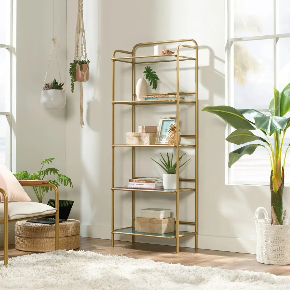 

Sauder Coral Cape 5-Shelf Bookcase with Glass Shelves, Satin Gold Finish