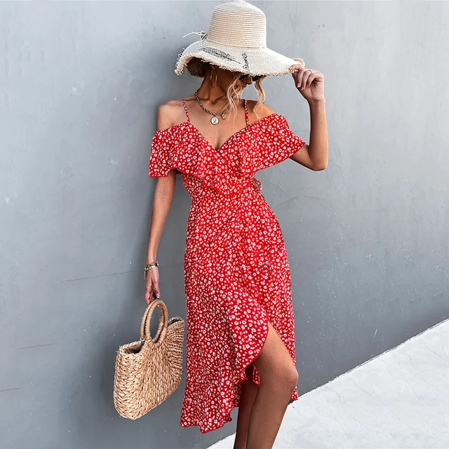 MOVOKAKA Ladies Spring Summer Sexy Straps Dress Women Ruffles Off Shoulder Casual Party Dresses Elegant Floral Print Beach Dress 3