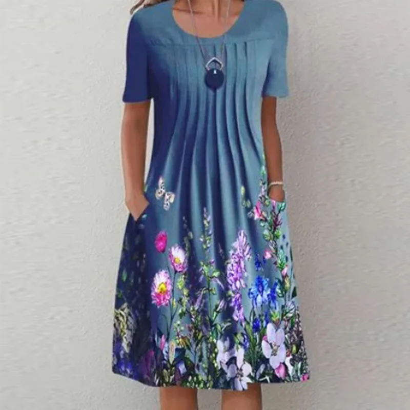 

Женское плиссированное платье-трапеция, повседневное свободное праздничное платье с круглым вырезом, карманами и цветочным принтом, весна-...