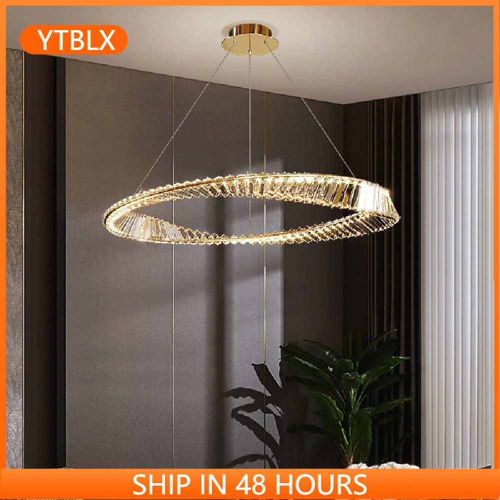 

Modern Luxury Living Room Led Dimmable Pendant Lights Plated Steel Gold Irregular Ring Pendant Lamp K9 Crystals Led Hang Lamp