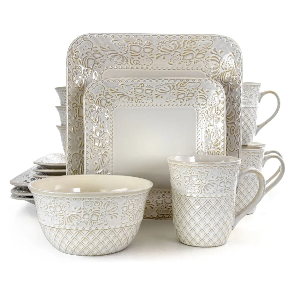 

LISM Ivory Lotus 16 Pieces Square Dinnerware Set