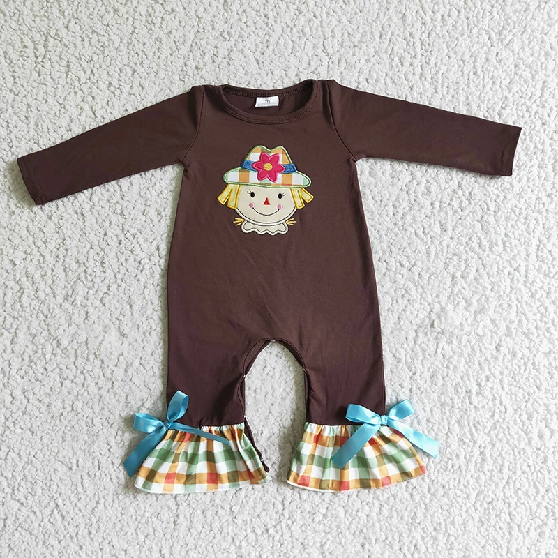 

Wholesale Toddler Thanksgiving Newborn Baby Girl Embroidery Scarecrow Clothing Cotton Snap Botton Jumpsuit Kids Plaid New Romper