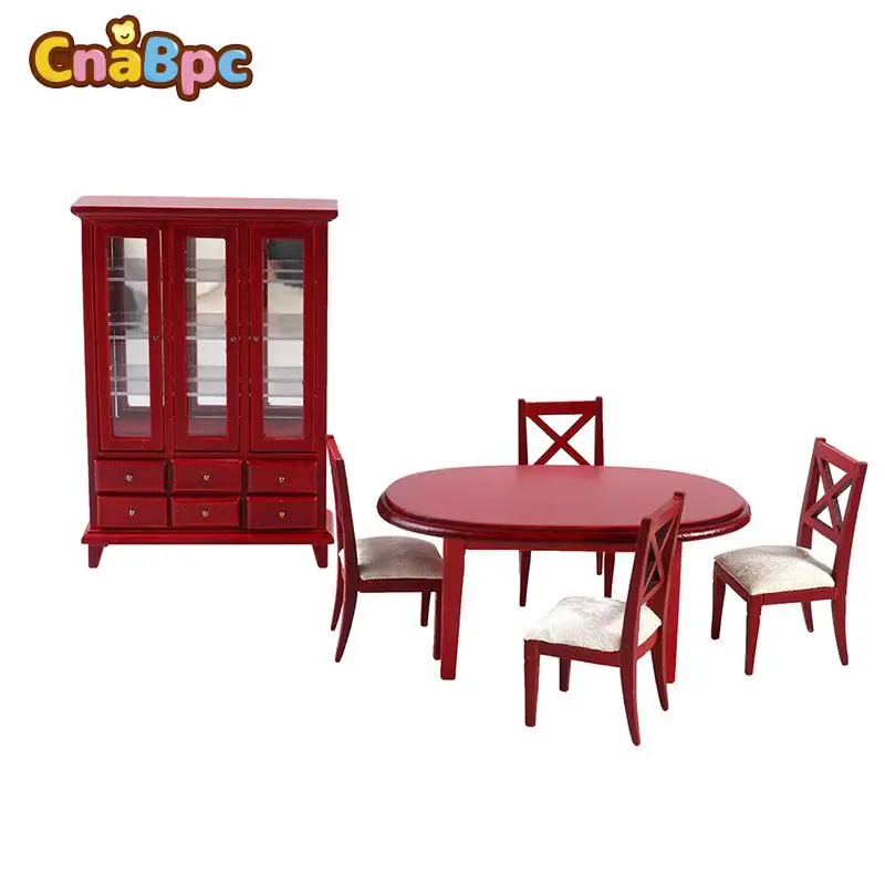 5Pcs/Set 1/12 Dollhouse Wooden Kitchen Furniture Cabinets Display Case Oval Round Dining Table and Chairs Dollhouse Home Decor