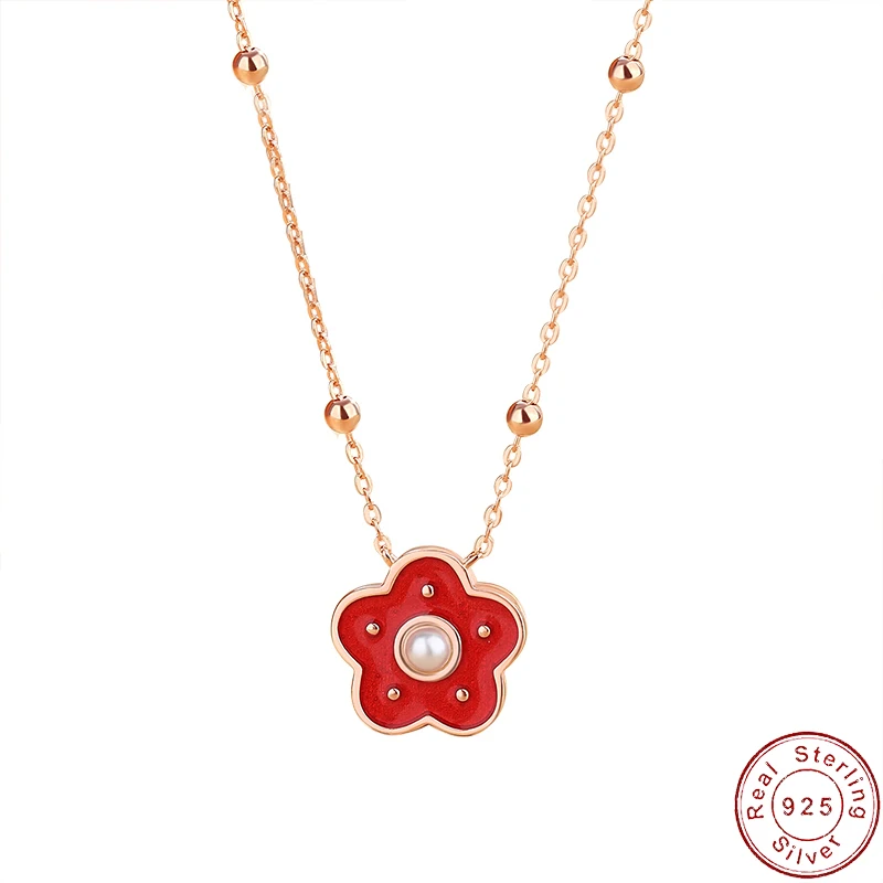 

Fresh Cartoon Little Red Flower Pendant Necklace S925 Sterling Silver For Women Birthday Jewelry Gift+box