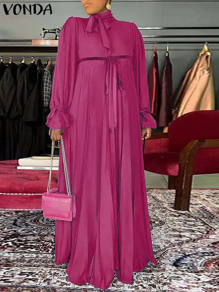 

Модное женское платье VONDA, модель 2023 года, Осенний бандажный Повседневный однотонный длинный сарафан с длинным рукавом и воротником-стойкой, большие размеры
