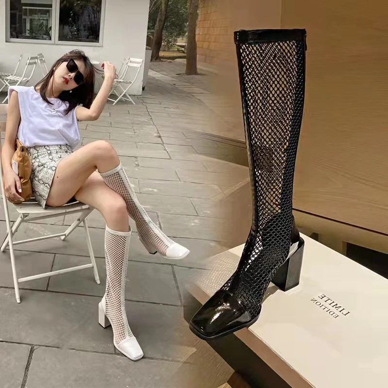 Mesh Hollow Sandals Boots Women's Pointed Toe All-match Thick Heels Medium High Heels 2023 Spring and Summer New Ladies Sandals
