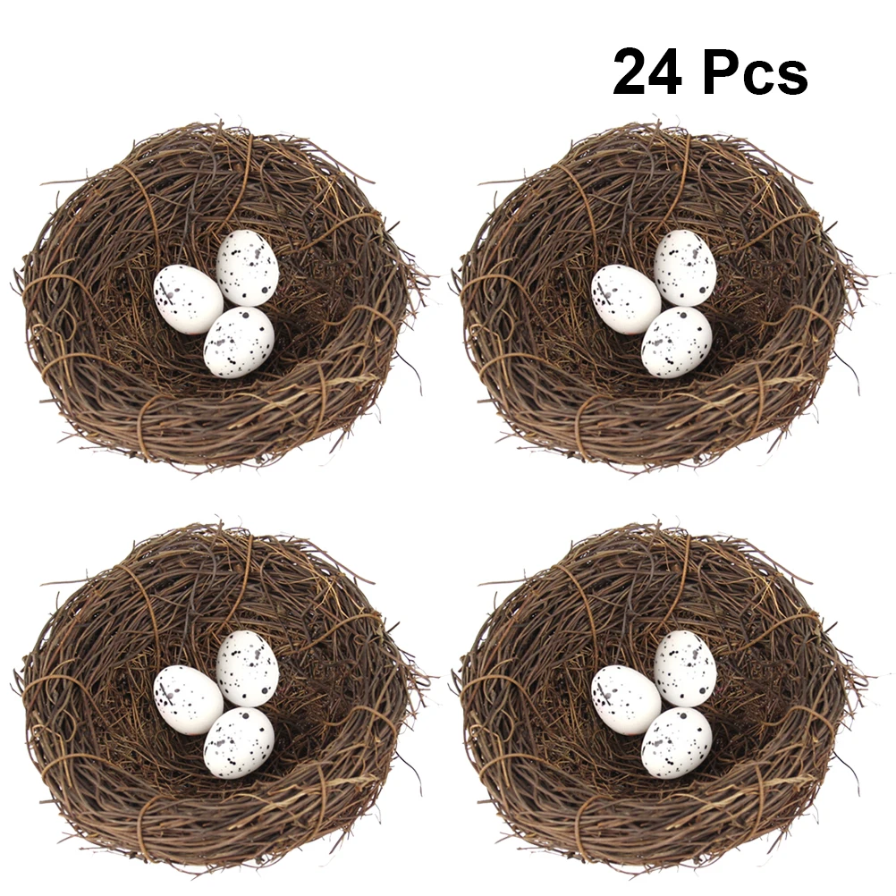 

12/16/24pcs Simulation Rattan Bird Nest Easter Bird Egg Ornament Party DIY Decor (4pcs 12cm Bird Nest, 20pcs Bird Eggs)