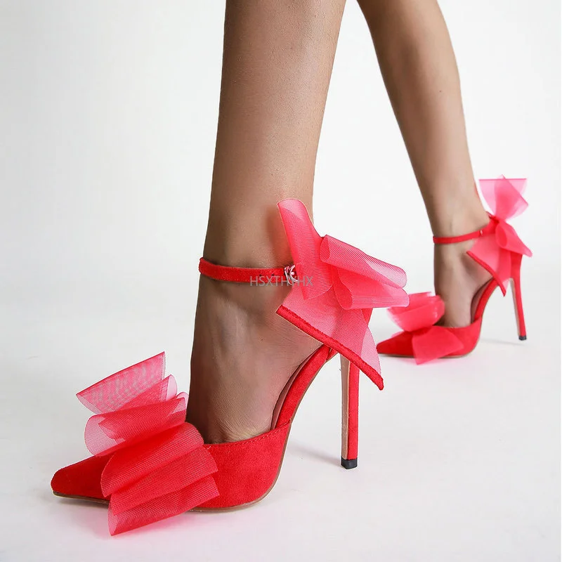 

Red Mesh Butterfly-knot Asymmetric High-heeled Sandals Leather Round Peep Toe Dress Shoes Summer Sexy Ladies Wedding Shoes
