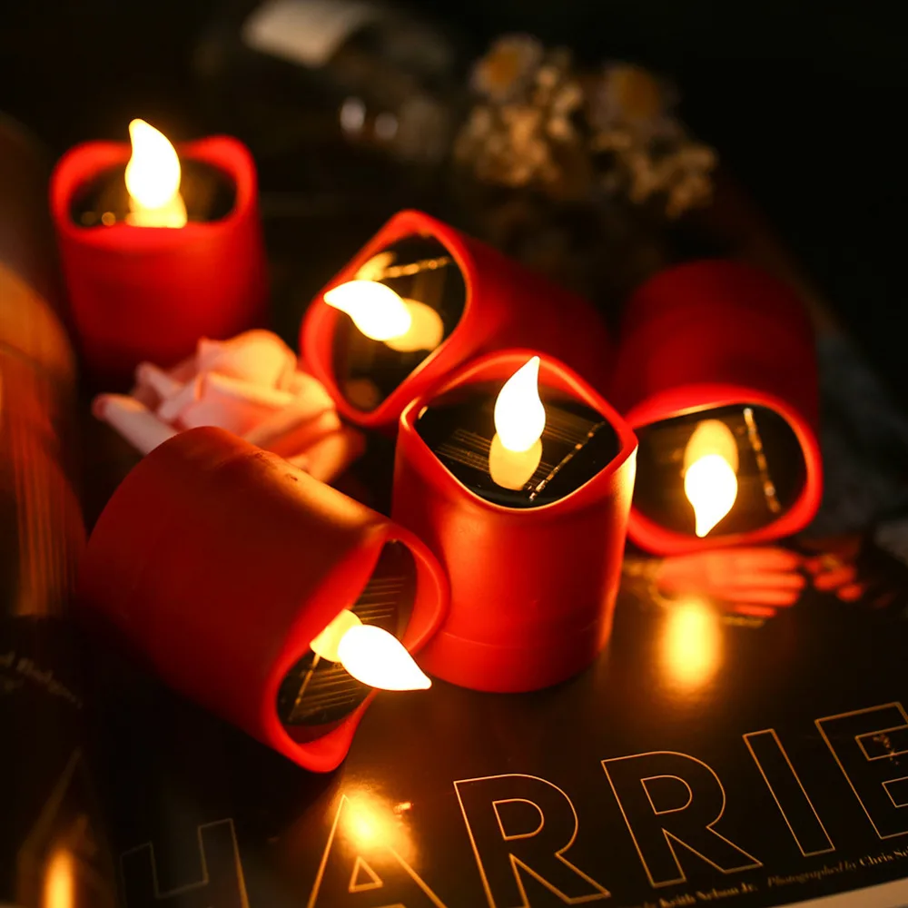 

6PCS Red Solar Candle Light Christmas Decoration LED Tea Wax Light Waterproof Outdoor Solar Lamps Rechargeable Christmas