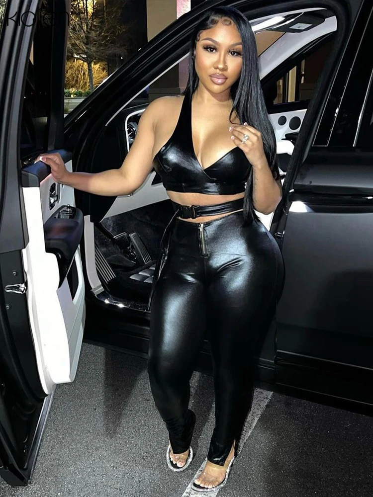 

KLALIEN Fashion Sexy Low Chest V Neck Black PU Leather Two Piece Set Women Summer New Casual Streetwear Wild Basic Y2K Tracksuit