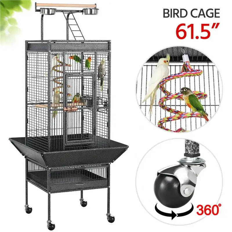 

61.5" Rolling Metal Parrot Bird Cage with Play Top for Cockatiel Lovebird, Black Large and Comfortable, Simple and Modern Large