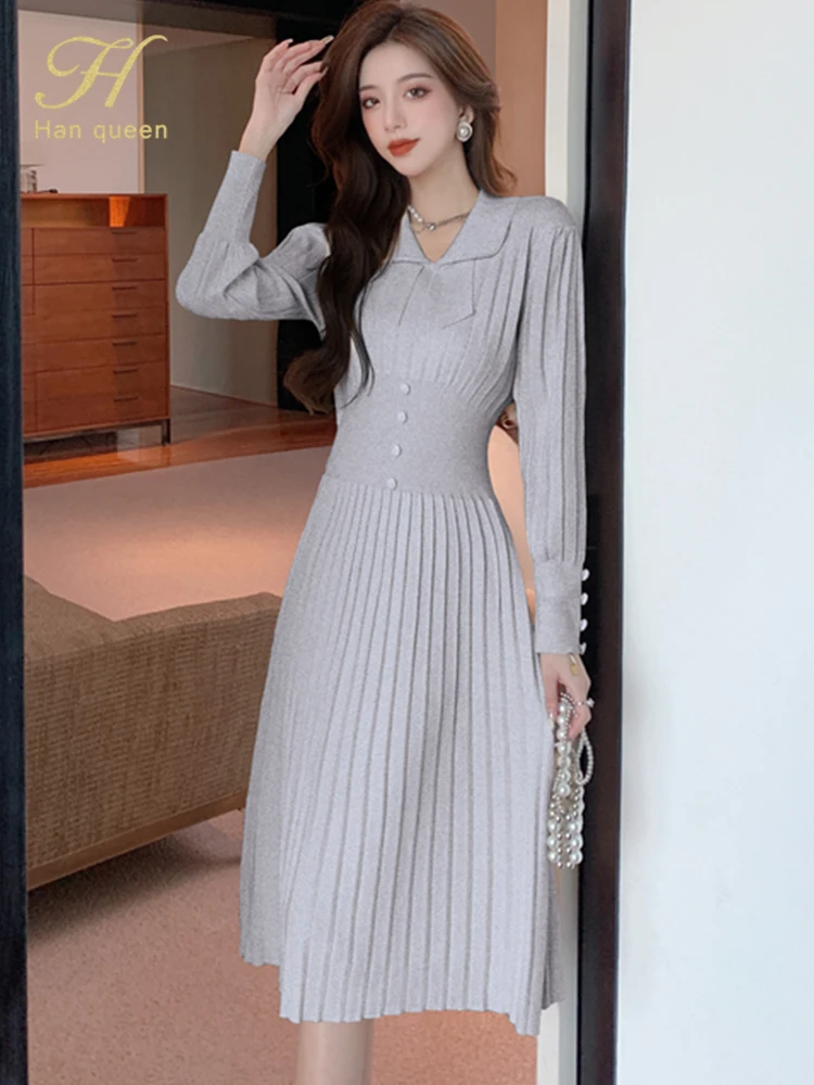 

H Han Queen Autumn Winter French Elegant Office Dress Women Elastic Knitted pleated Dresses Simple Midi Casual Party Vestidos