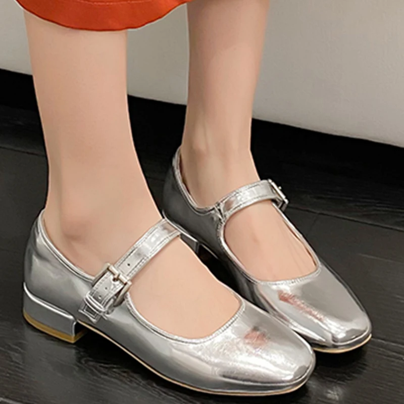 

Women Shoes Round Toe Solid Silver Pu Leather 2022 New Autumn Ladies Mary Janes Fashion Loafers Female Casual Low Heels Shoes