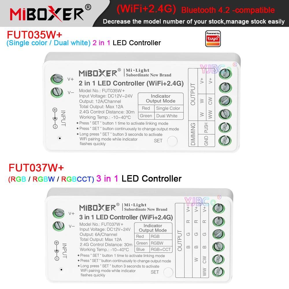 

Miboxer Tuya 2.4G WiFi dimming/CCT/RGB/RGBW/RGBCCT LED Controller Bluetooth-compatible 4.2 2/3 in 1 Light Dimmer 12V 24V Max 12A