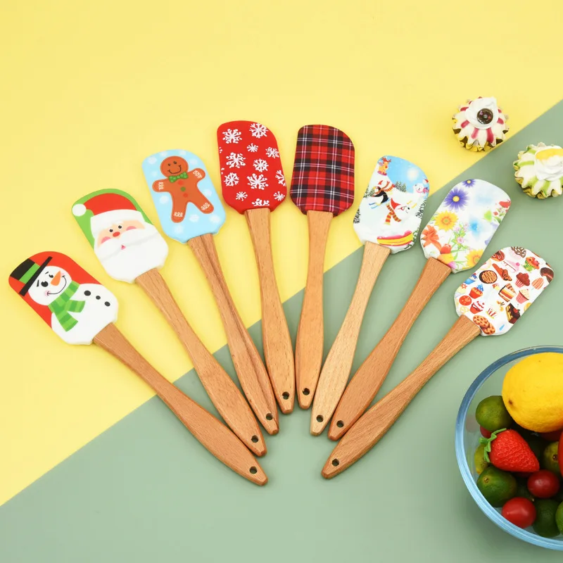 

New Christmas Wooden Handle Kitchen Fondant Cake Cream Spatula Silicone Butter Scraper Kitchen Baking Tools Espatula Silicona