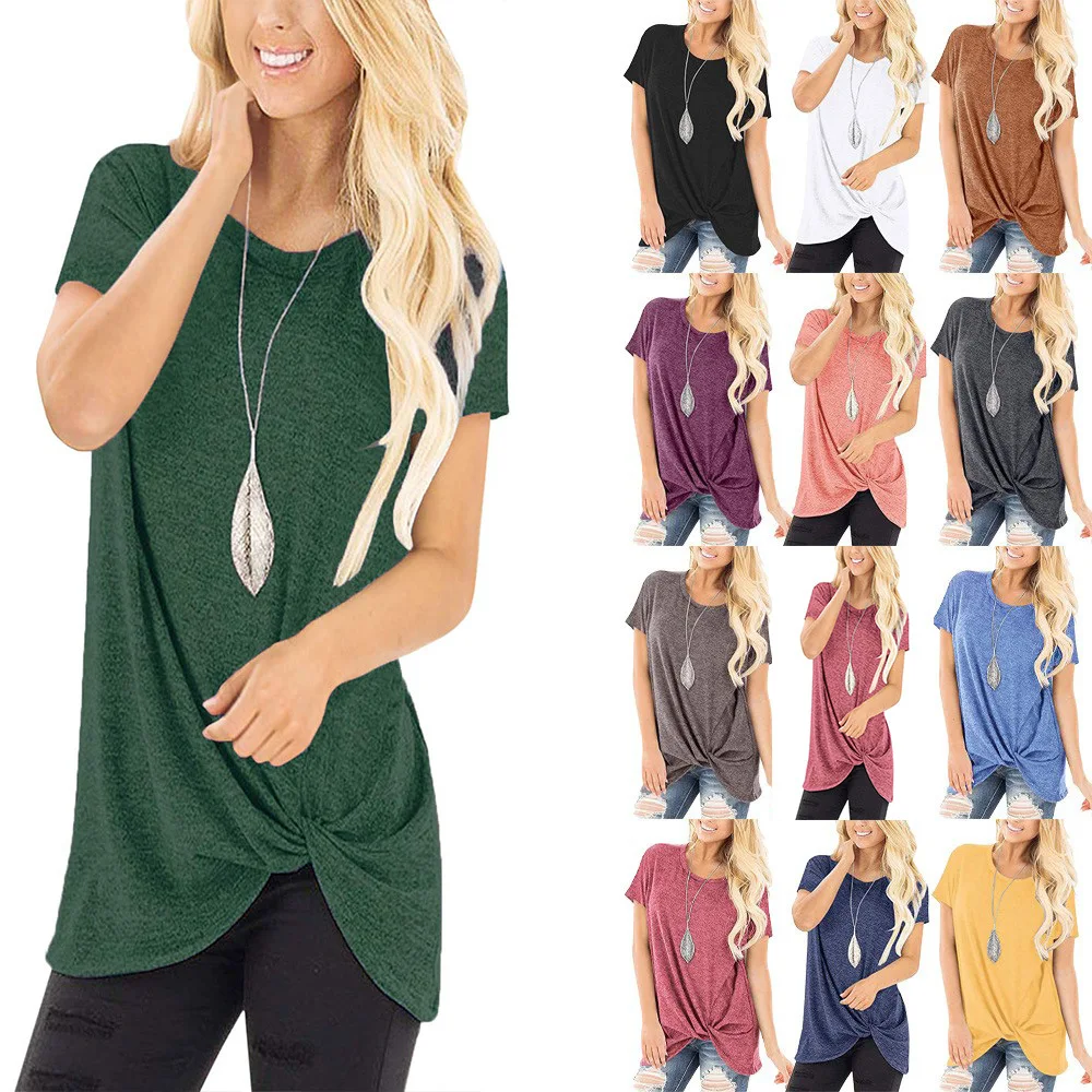Woman T-shirts with Short Sleeve Comfy Casual Twist Knot Tunics Top T-shirt Female Solid Summer Women Blouses Women's Clothing