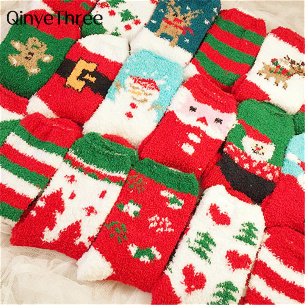 

Winter Warm Thicken Soft Merry Christmas Gift Socks Cute Cartoon Elk Santa Snowman Stripes Coral Fleece Sokken Home Bed Floor