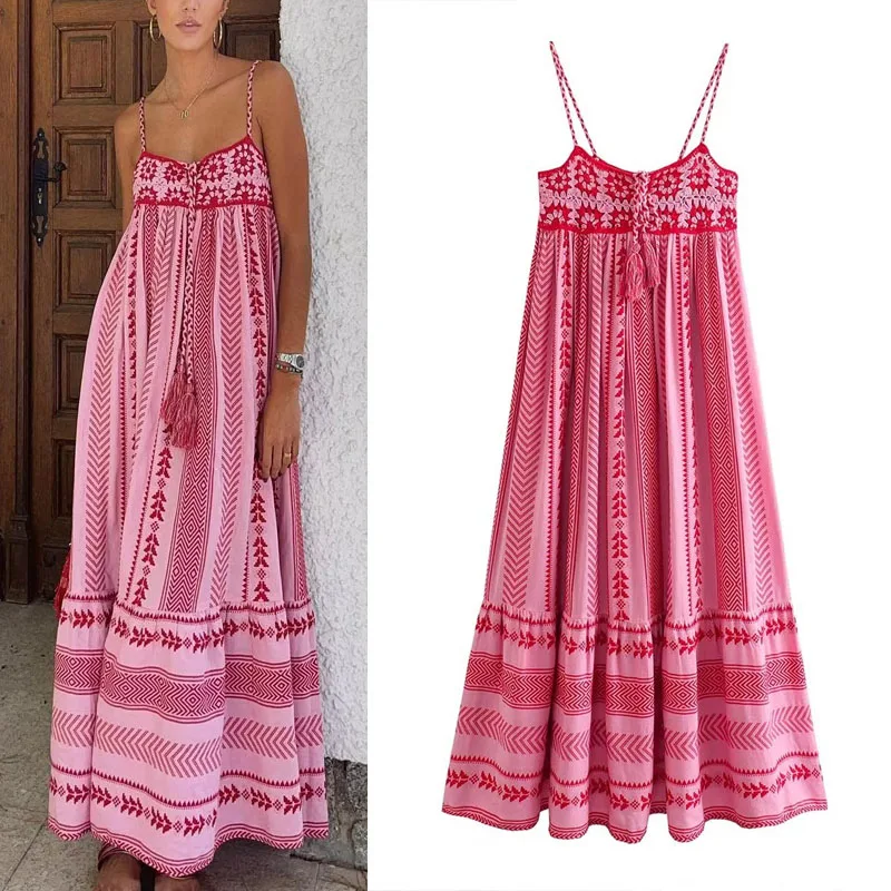 

TRAF Crochet Knit Long Dresses For Woman 2023 Vintage Printed Slip Midi Dress Sweet Sleeveless Ruffled Hem Dresses Summer Dress