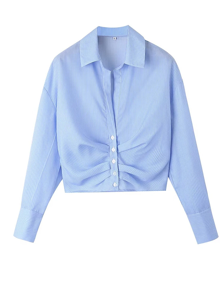 

Classic Blue and White Striped Women's Blouse Folds Long Sleeves Crop Button-up Front Tops Shirts
