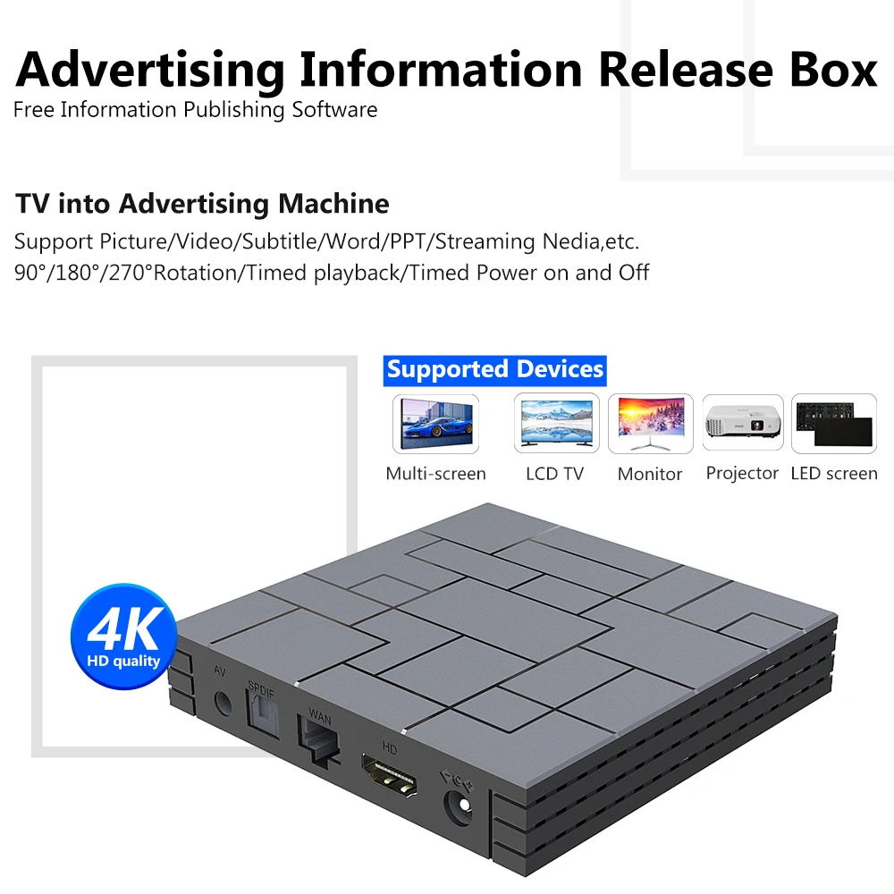 AD information player box digital signage player 4K Android information release picture scrolling subtitles split screen display