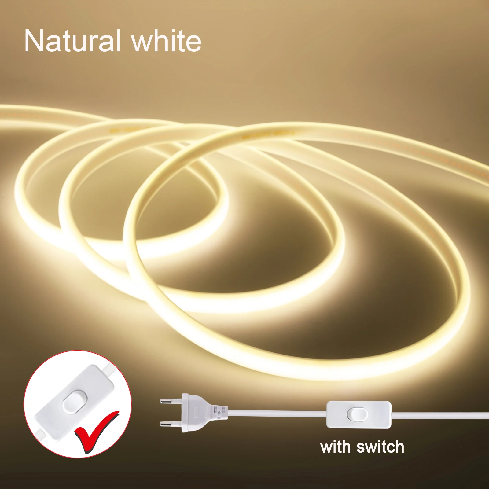 

220 В Переключатель COB Светодиодная неоновая лента Гибкая 288LED/M Водонепроницаемая лампа Теплый белый Комната Садовое освещение 0,5 м 1 м 2 м 5 м 10 м 20 м 30 м 40 м