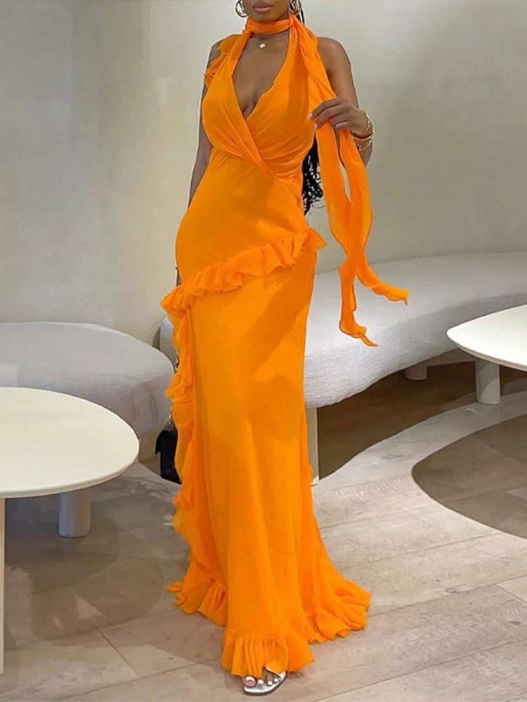 

Женское плиссированное платье OMSJ, облегающее вечернее длинное платье с рюшами, V-образным вырезом, без рукавов, с открытой спиной и разрезом