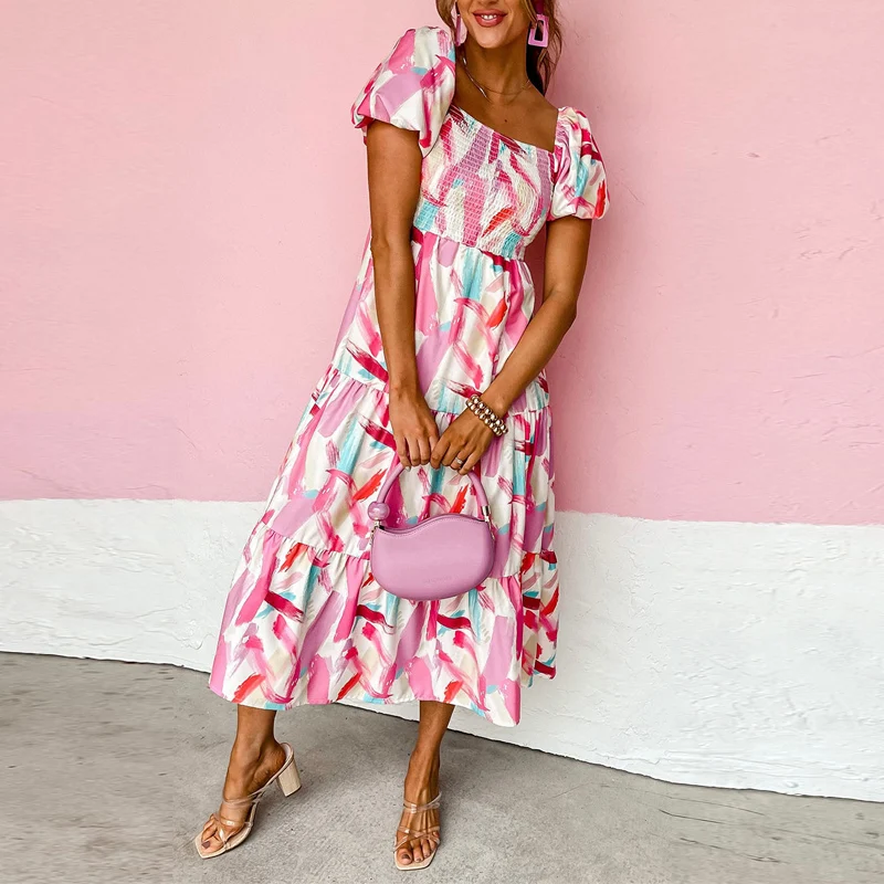 

Elegant Square Collr Printed Boho Long Dress Women Sexy Backless Lace-up Belted Party Dress Spring Summer Puff Sleeve Maxi Dress